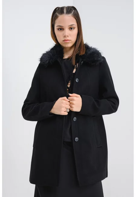 Палто с копчета и яка от еко пух - Черен