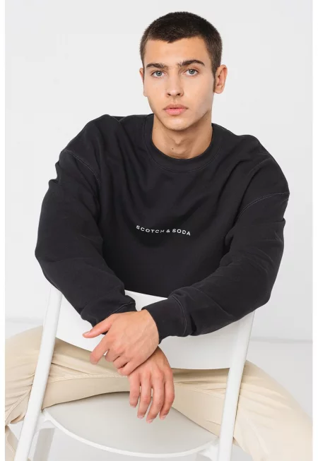 Памучен суитшърт с овално деколте - Черен