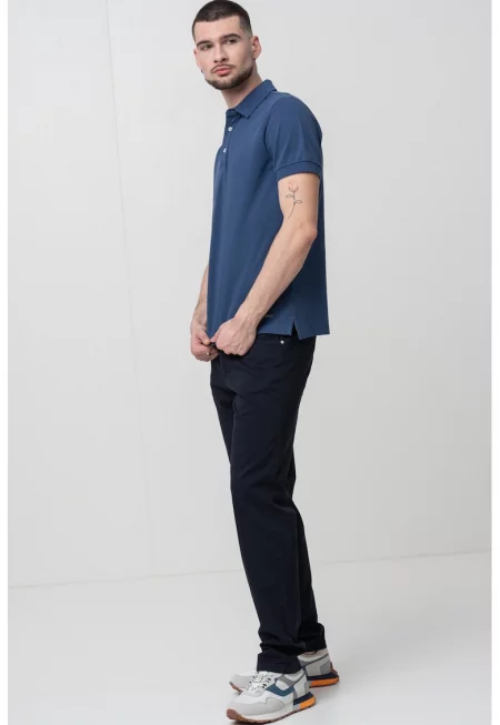 Памучна тениска с яка - Прашно синьо