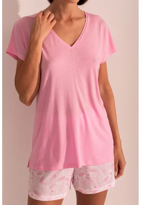 Пижама с лиосел и памук с къси ръкави - Бял/Бледо розово
