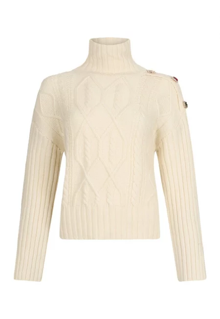 Пуловер с вълна с бижутерски копчета - Светло бежово