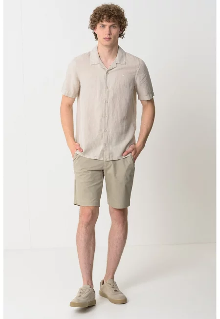 Риза от лен и памук с бродирано лого - Бежов