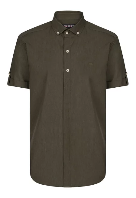 Риза с лен и къси ръкави - Бледо каки