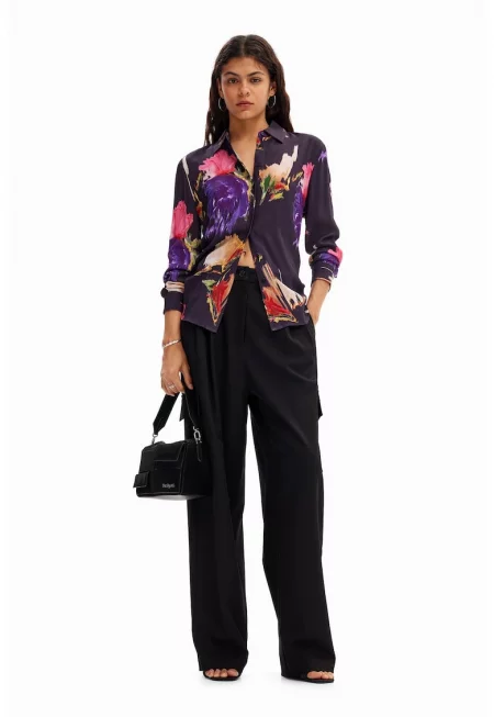 Риза с регулируеми страни и принт - Черен/Индигово синьо/Розово