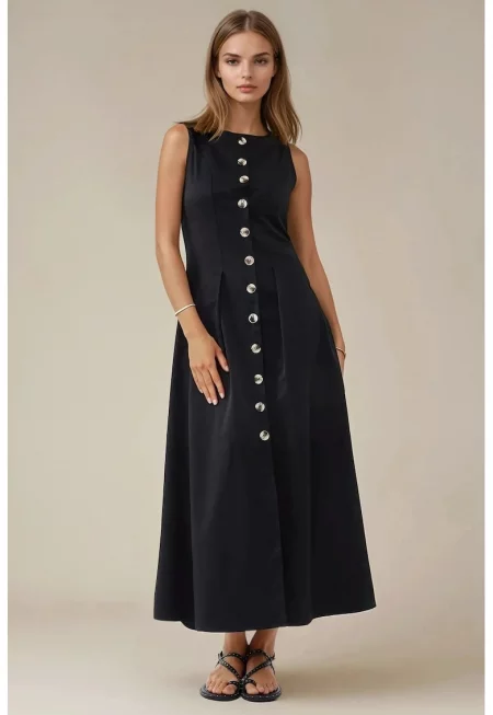 Рокля  без ръкави - с копчета - черна - текстил
