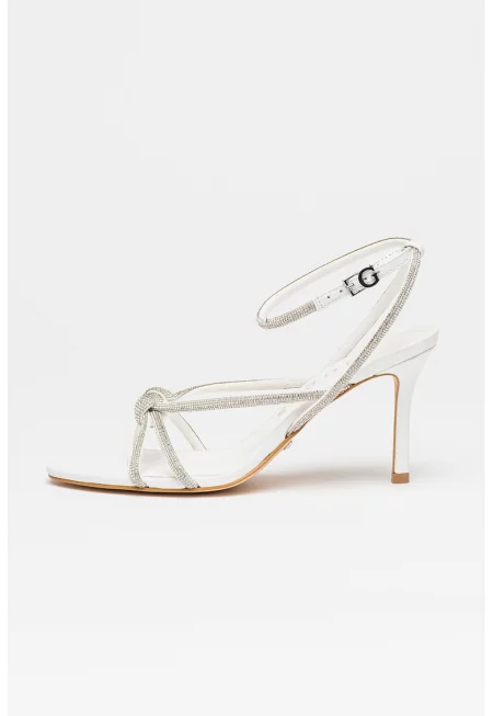 Сандали с ток стилето и декоративни камъни - Бял