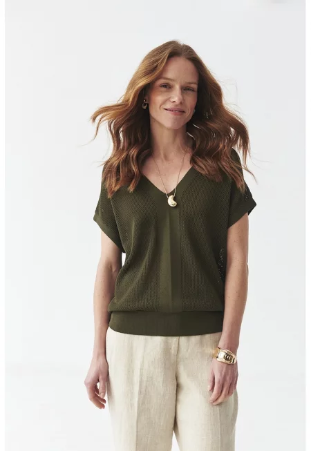 Шпиц пуловер с къси ръкави - Тъмнозелен