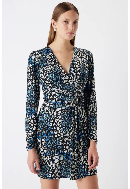 Шпиц рокля с принт - Бял/Черен/Син