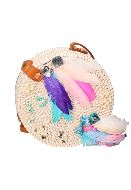 Сламена чанта през рамо - Слонова кост/Тюркоаз