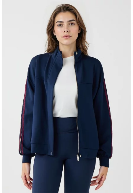 Суитшърт с модал с цип - Бял/Тъмночервен/Тъмносин