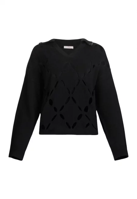 Свободен вълнен пуловер с отвори - Черен