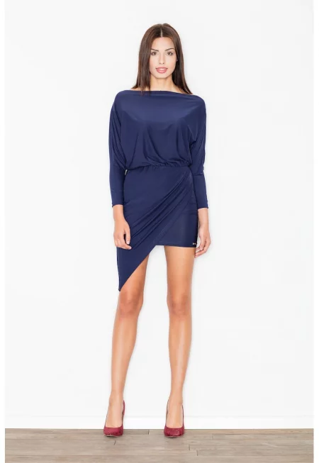 Тъмносиня асиметрична рокля  елегантна - с дълъг ръкав - полиестер -