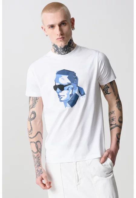 Тениска от памук с шарка - Тъмносин/Бял