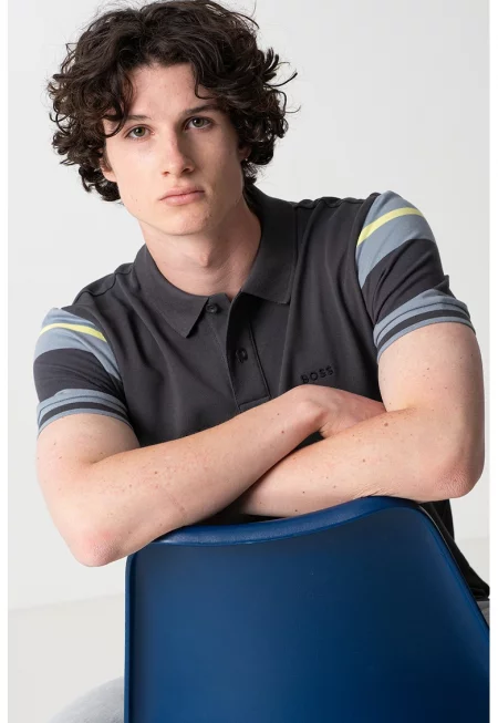 Тениска с яка и контрастно райе - Прашно синьо/Бледожълт/Tъмносив