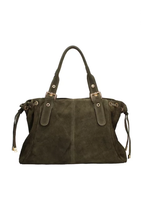 Велурена чанта за рамо с две отделения - Тъмнозелен