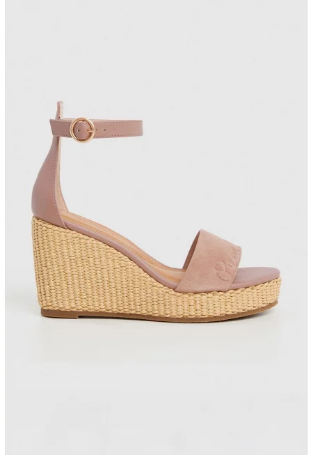 Велурени скосени сандали - Прашно розово