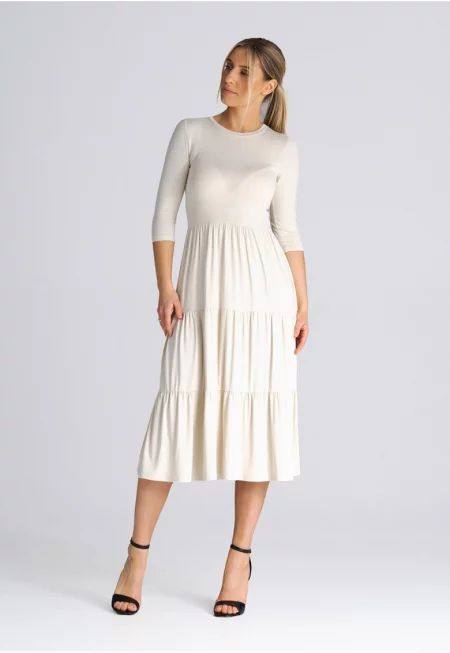 Вталена рокля  с волани - бежова - 3/4 - вискоза