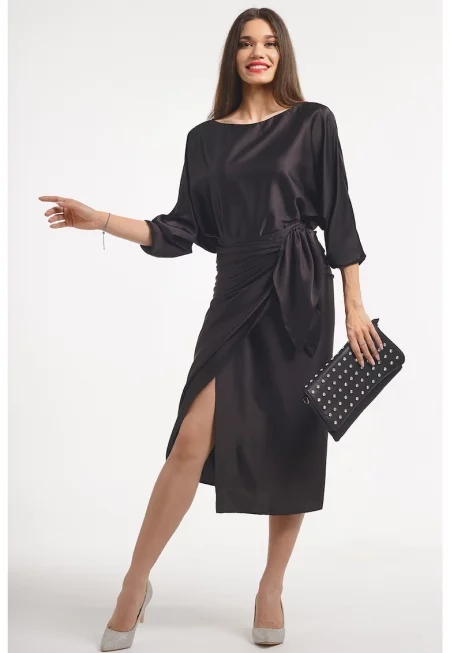 Застъпена рокля с шлиц отпред - Черен