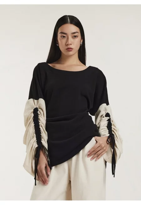 Bluza din bumbac cu maneci ajustabile cu snur si decolteu rotund Salem