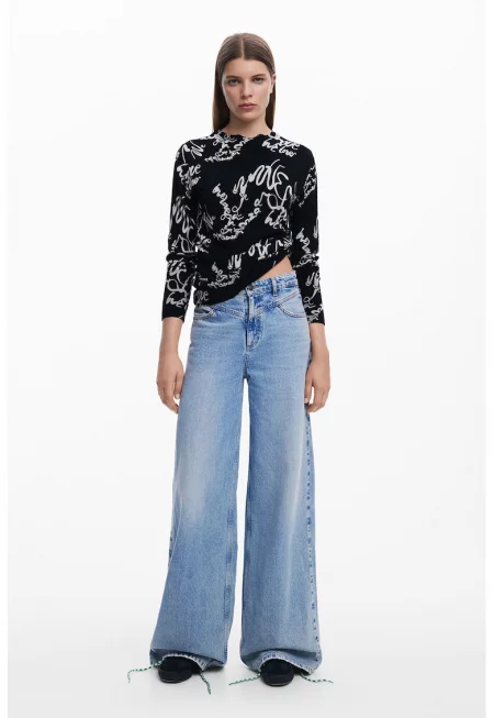 Блуза с овално деколте - Черен/Мръснобял