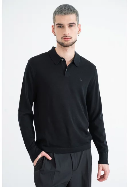 Блуза с яка и лого - Черен