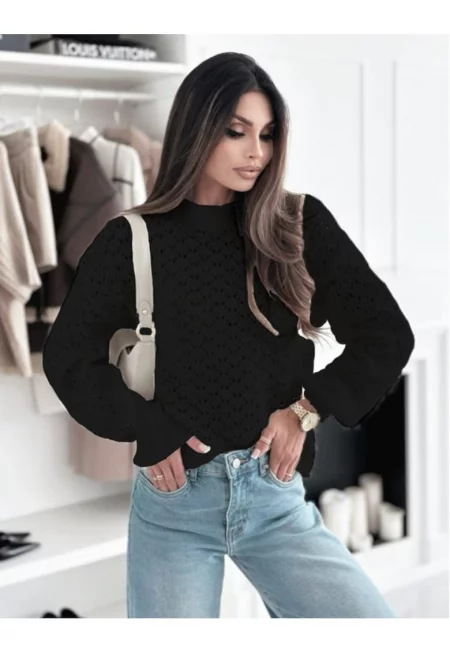 Черен плетен пуловер с десен SH-G1389-WK M8 18199