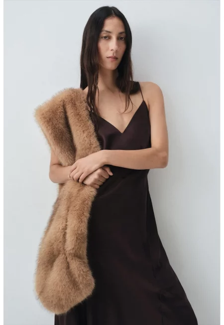 Дълга рокля с коприна - Коняк кафяв