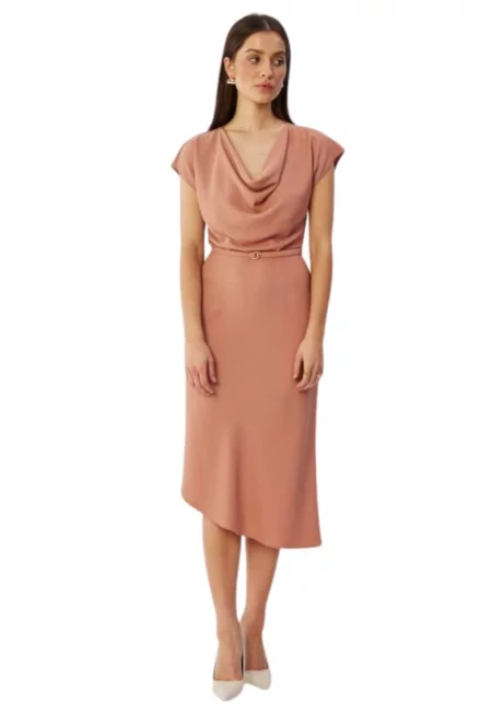 Дамска рокля - асиметрична с каскадно деколте - Полиестер - S - Червена