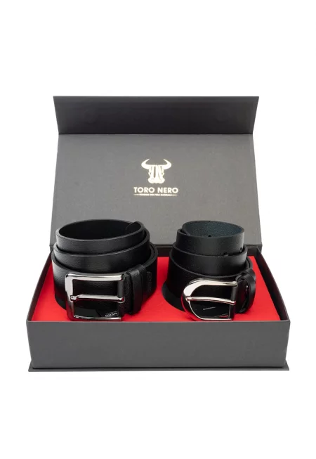 Дамски и мъжки комплект колан естествена кожа черен Thick-Modern Night