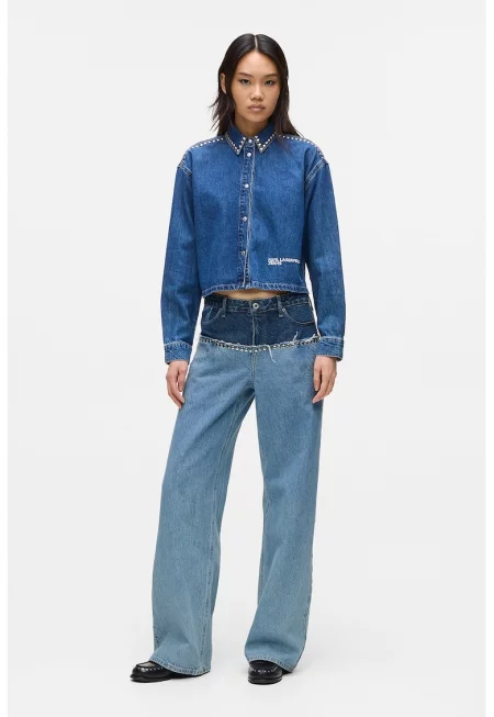 Дънки с памук и контрасти - Светлосин