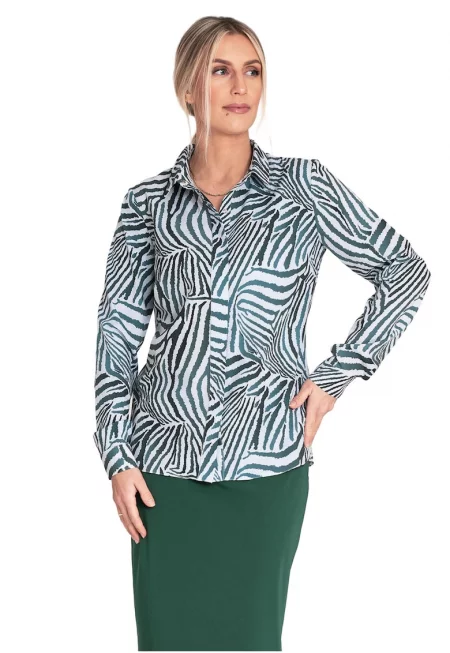 Елегантна риза  зебров десен - зелено/бяло - материал полиестер/еластан - с яка - дълъг ръкав