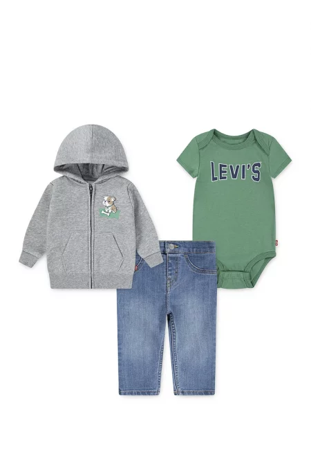 Худи - дънки и боди - 3 части - Сив меланж/Син