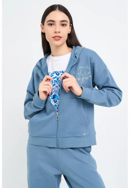 Худи с цип и паднали ръкави - Прашно синьо