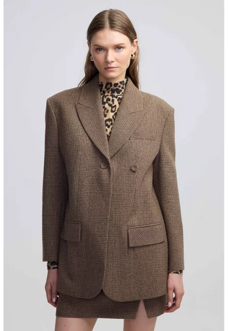 Карирано сако с вълна - Черен/Кафяв