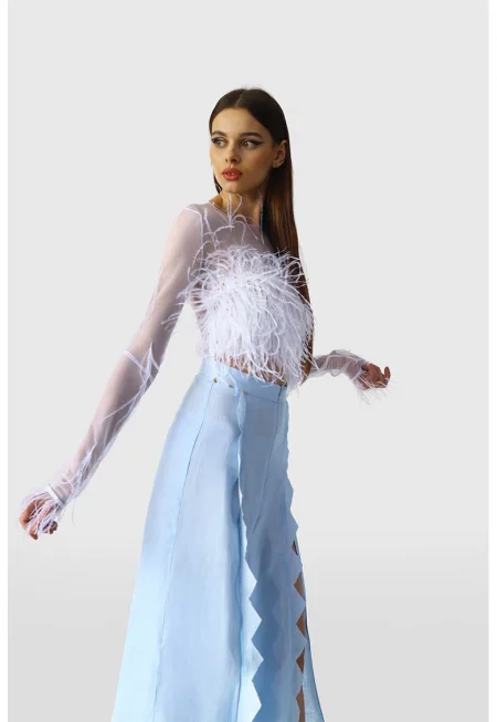 Къса мрежеста блуза с пера - Бял