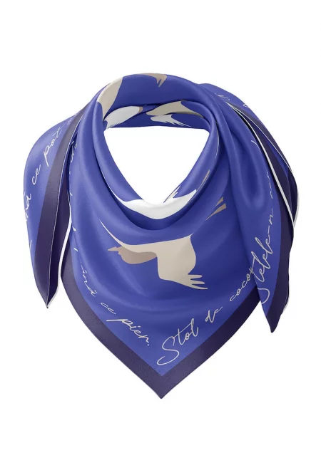 Копринен шал с десен - Светло сив/Бял/Индигово синьо