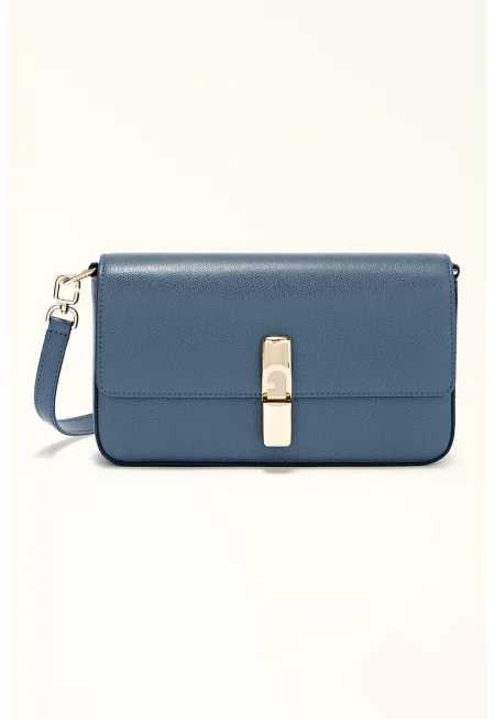 Кожена чанта през рамо Iride с капаче - Прашно синьо