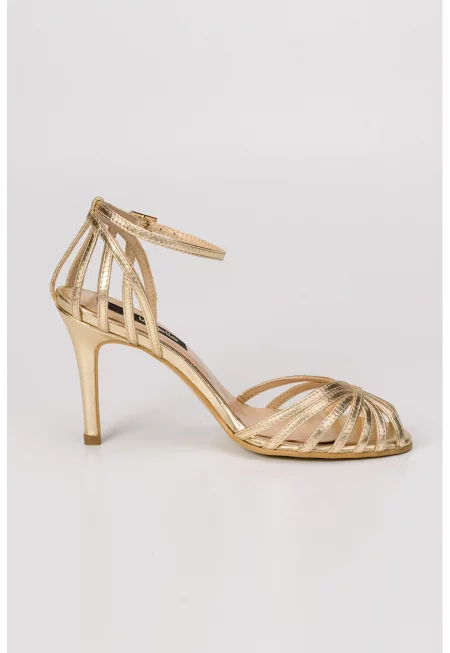 Кожени сандали с каишки и метализиран ефект - Златист