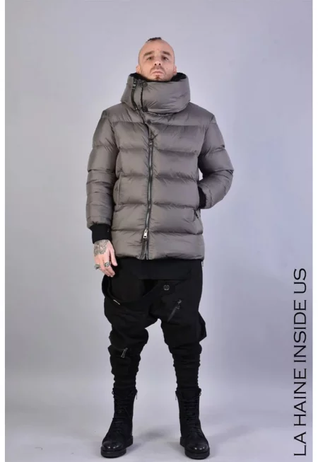 Мъжко зимно яке с хоризонтални шевове и уголемена яка - Сив