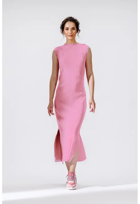 Миди рипсена рокля със странична цепка - Розово