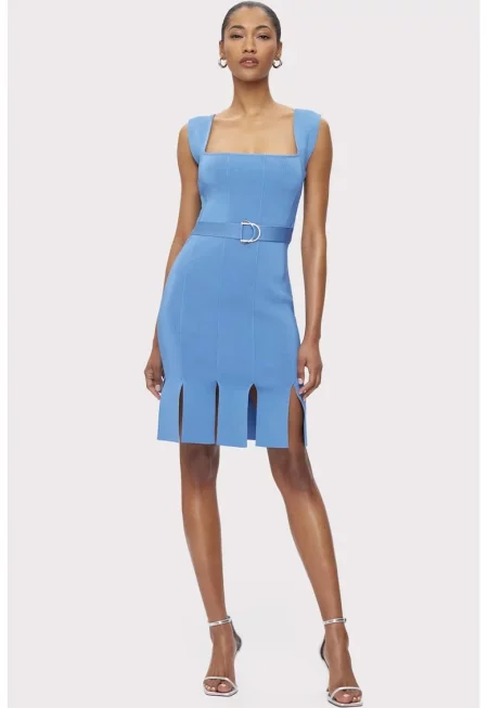 Миди рокля без ръкави с квадратно деколте - Син