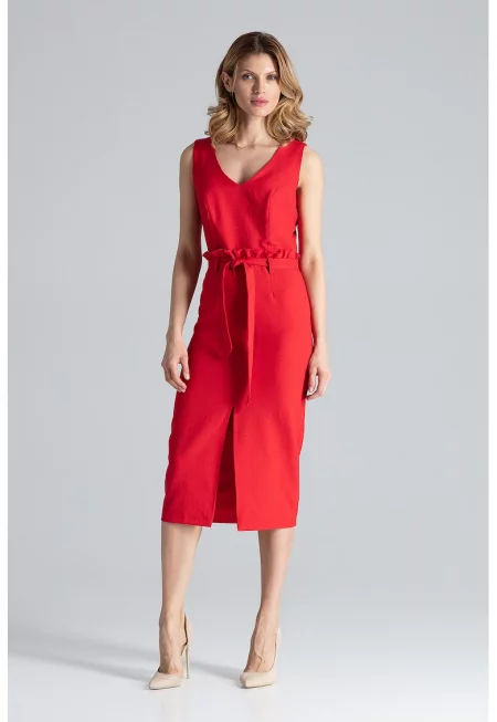 Midi рокля  червена с V-образно деколте и колан - 100% полиестер