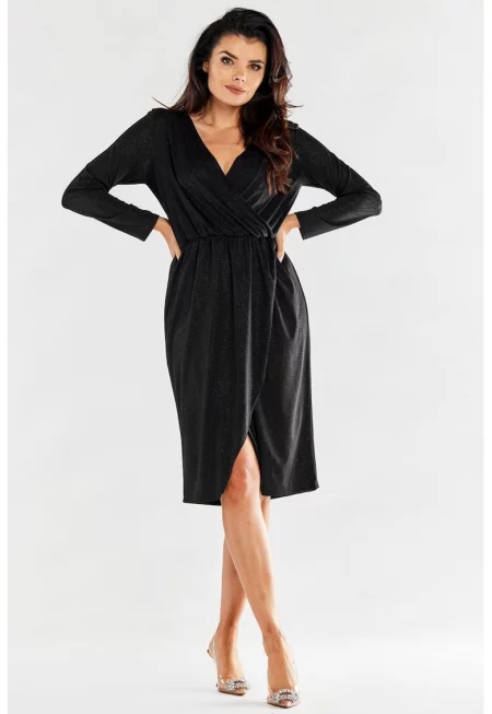 Миди рокля с дълъг ръкав - V-образно деколте - полиестер A548