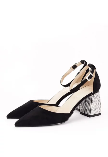 Обувки с дебел ток - декорирани с камъчета B-BSD42-1 04 - Черни 8684