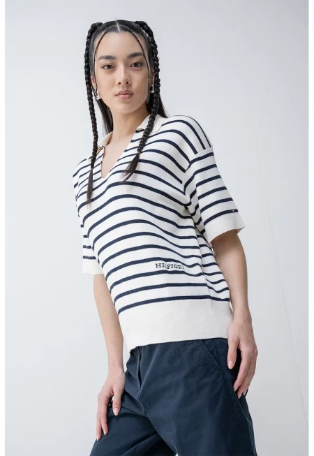 Памучен пуловер с къси ръкави - Бял/Ултрамарин синьо