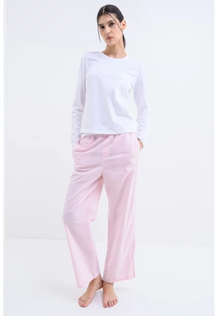 Памучна пижама с дълги ръкави - Пастелнорозов/Бял