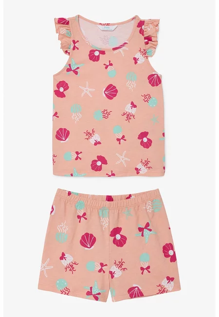 Памучна пижама с принт - Фуксия/Розова сьомга/Ментово зелено