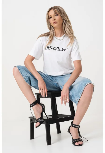 Памучна тениска с лого - Бял/Черен