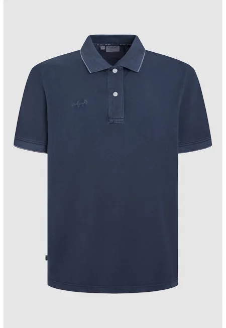 Памучна тениска с яка - Прашно синьо