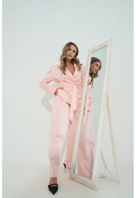 Панталон с лен с широк крачол - Пастелнорозов